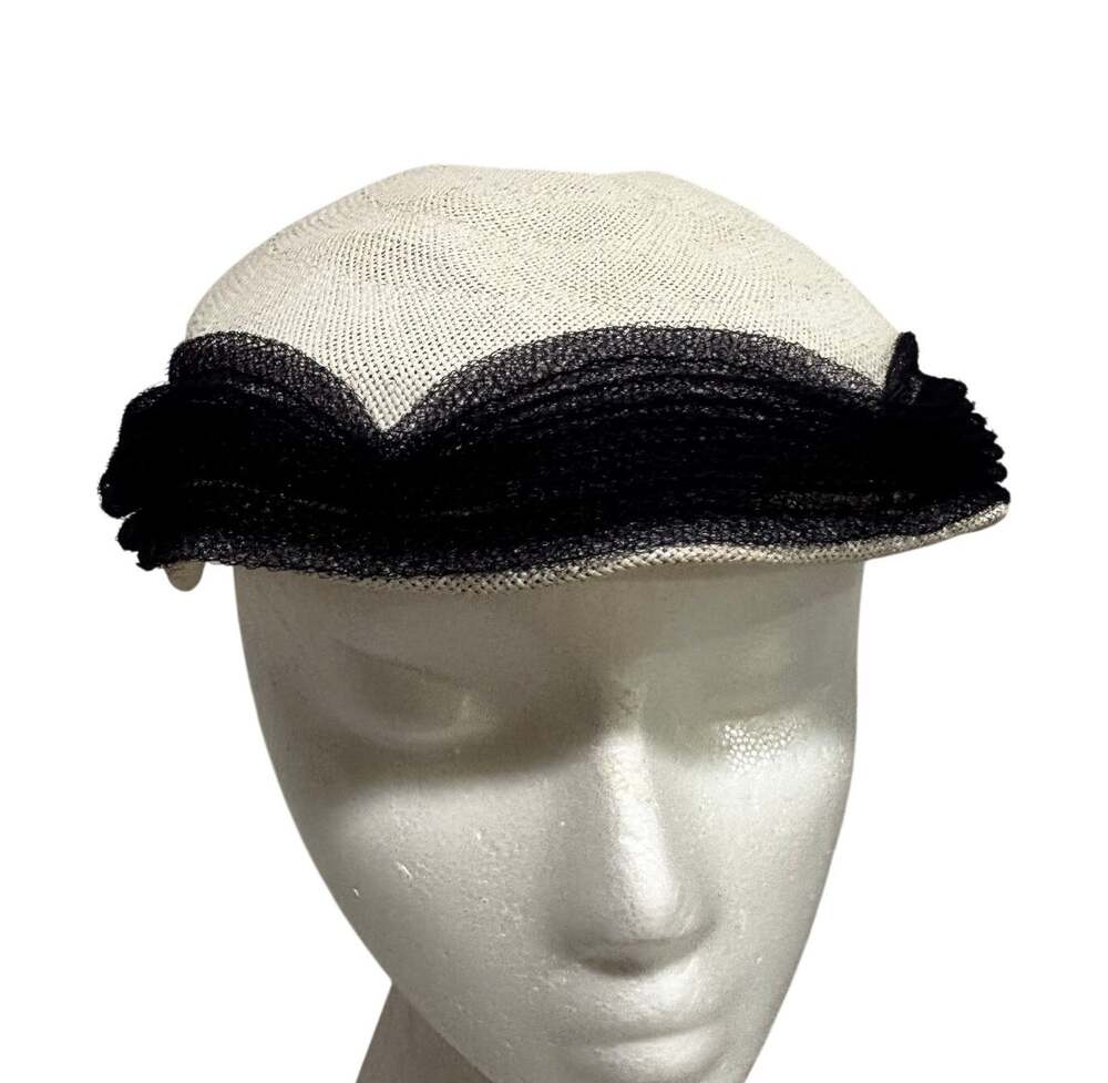 Vintage Mid Century Halle Bros Co White straw hat black netting & velvet bow